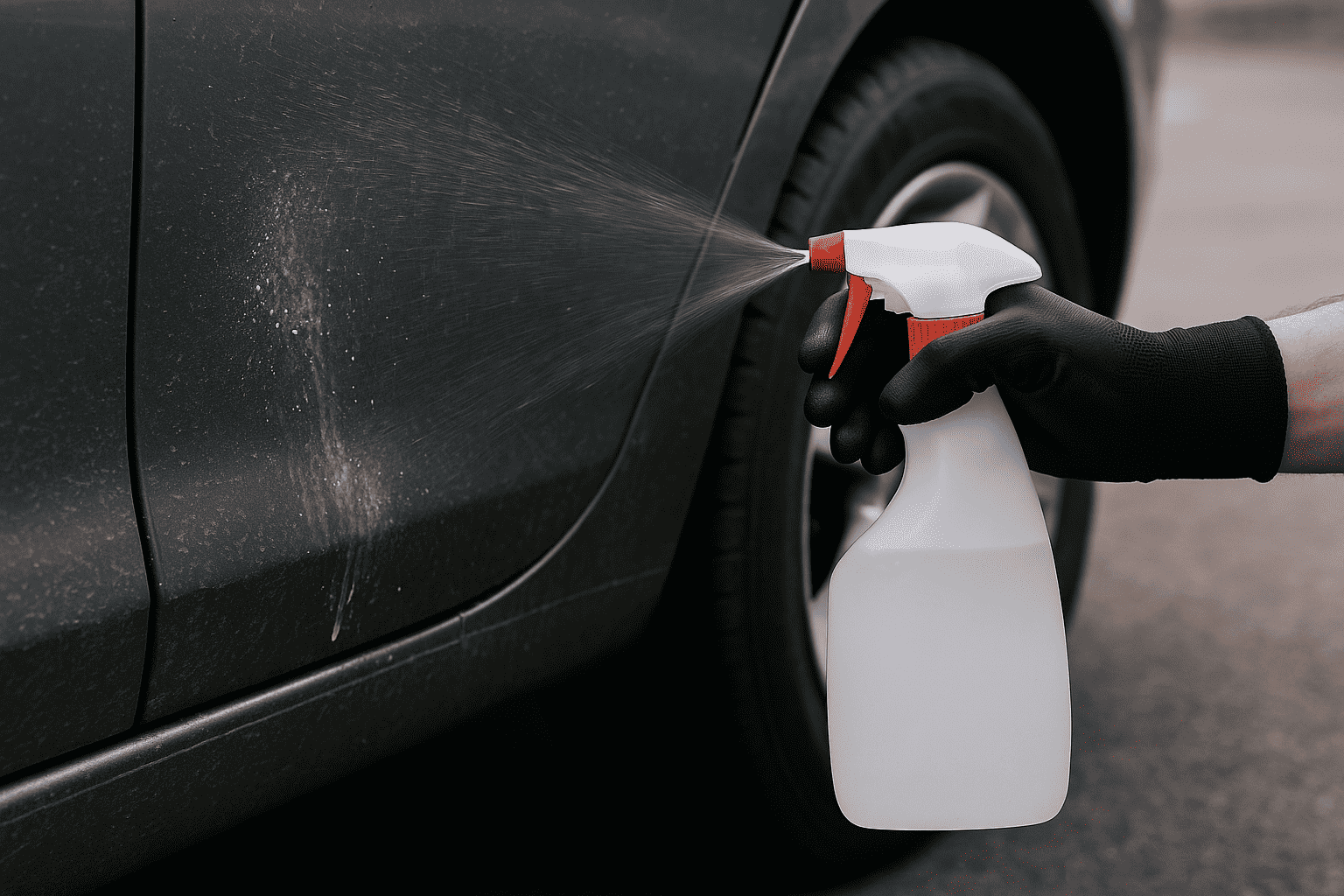 Han och sprayflaska mot en bil-lack