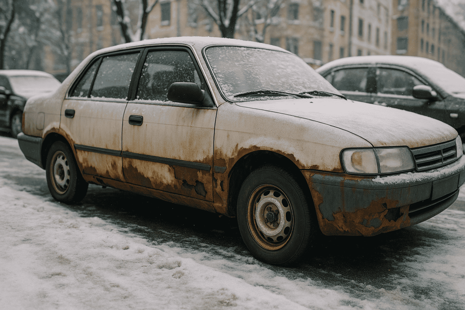 ljus bil på parkering med massa rost i vintern