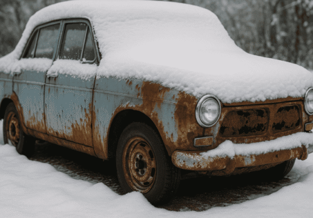 övergiven blå bil med massa rost i vintern