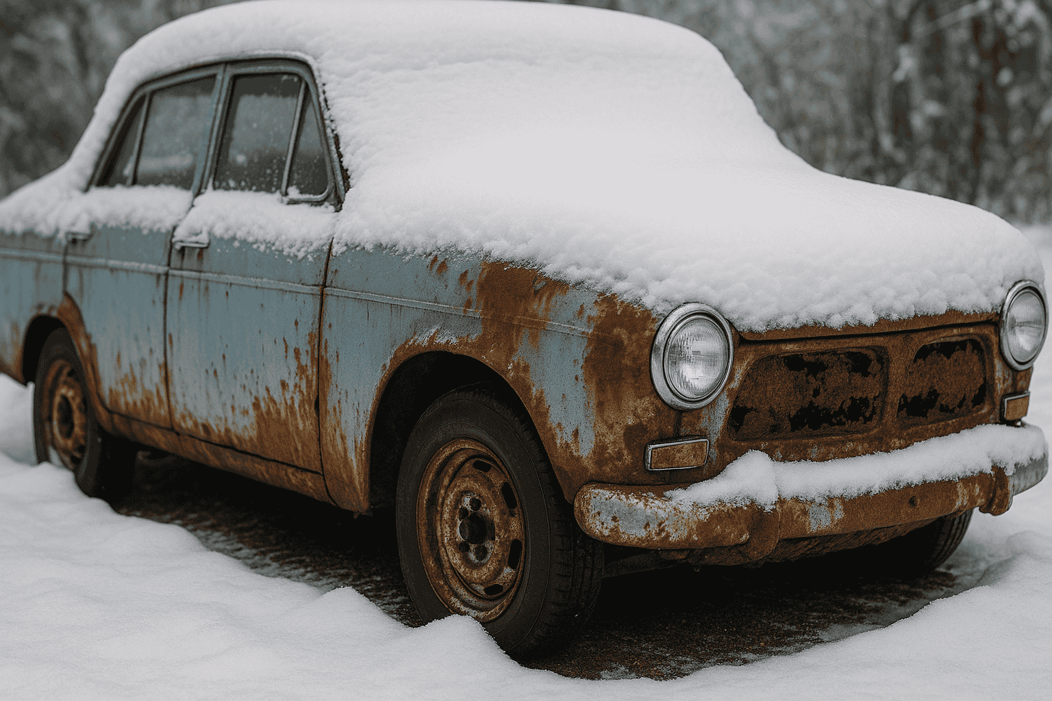 övergiven blå bil med massa rost i vintern