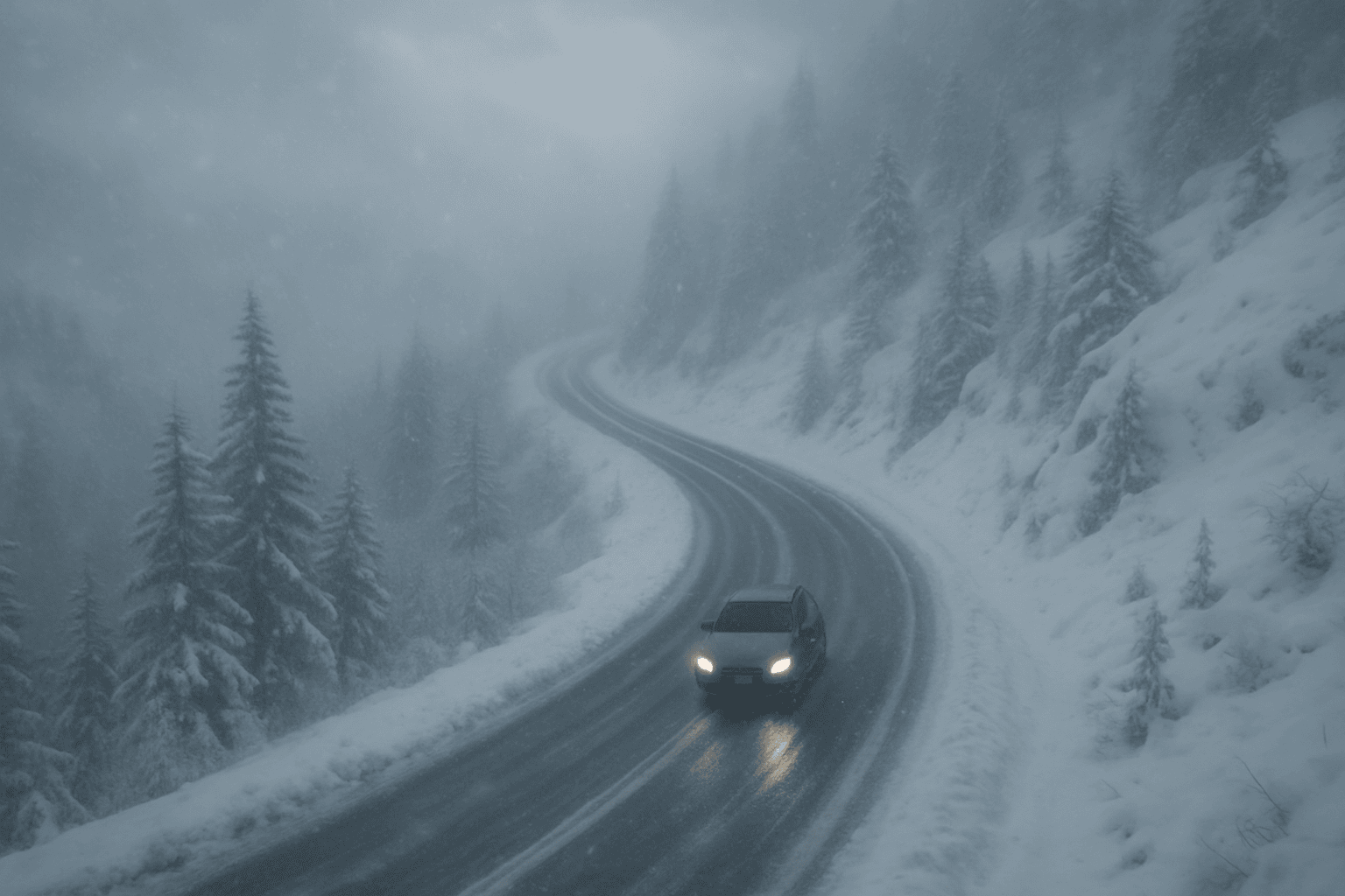 helikoptervy bil på vägen i vintern